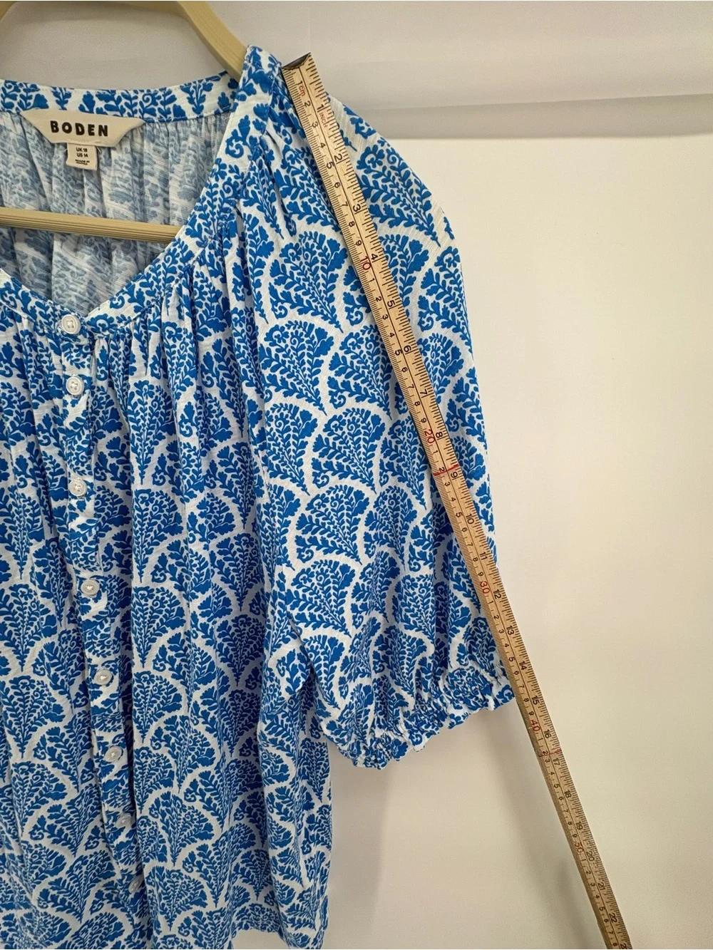 Boden Women’s Blue White Floral Print Henley Top US 14 UK 18 Cotton Blouse